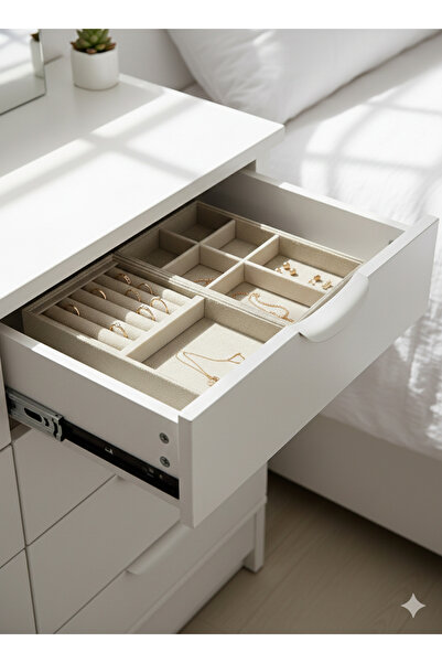 Saros Group Bej Süet Çekmece İçi Takı ikili Organizer Seti | Yüzük, Küpe Ve K...