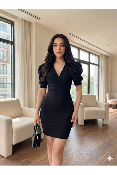 Cuyka Women's Double Breasted Collar Short Sleeve Crepe Mini Dress