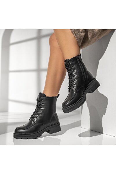 Modlet.ro Ghete de damă din piele neagră cu șireturi și fermoar MOD14001
