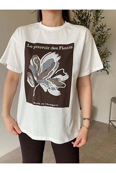 Bade Butik Εκρού καφέ μπλουζάκι με λουλούδια λωτού