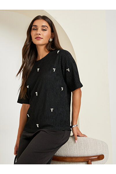 Styli Black Textured Embellished Knit Top