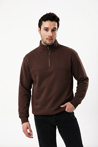 UNIQVIBE Half Zipper Organic Cotton Brown Men's Sweatshirt