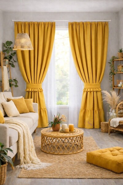 shules collection Φυσική vintage κουρτίνα από λινό σε χρώμα μουστάρδα με βολά...