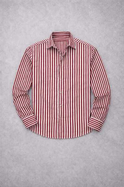 threeoff Premium Slim Fit Uzun Kollu Çizgili Erkek Keten Gömlek