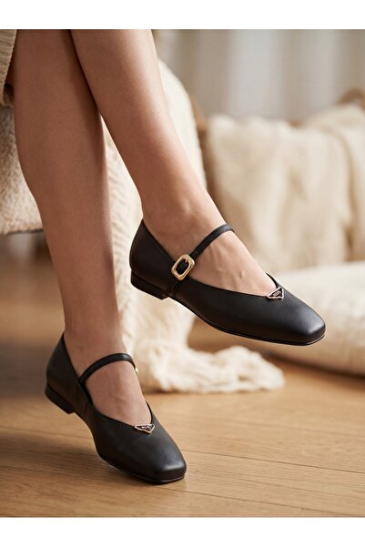 Venüs Women's Genuine Leather Orthopedic Buckle Black Ballerinas Vns011