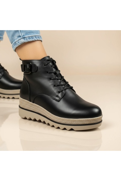 Modlet.ro Women's black leather platform lace-up ankle boots MOD14003