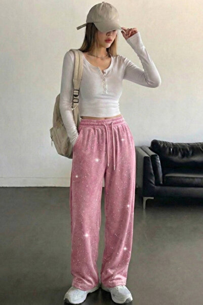 İlayda Toprak Glow Pembe Cyrstal Detail Simli Bol Kalıp Cool Eşofman Altı