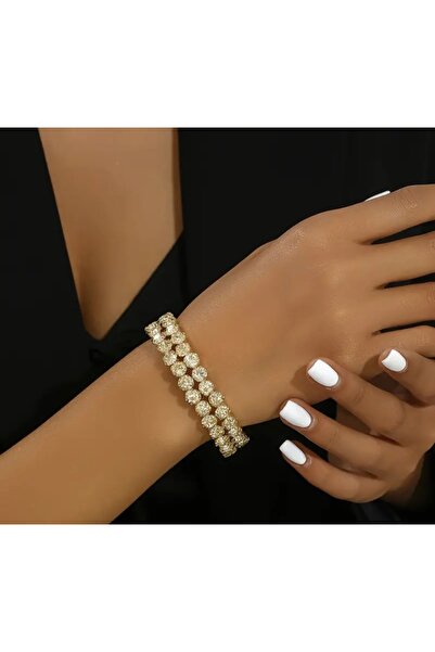 stainless steell gold renk çift sıra kakma zirkon kelepçe bileklik
