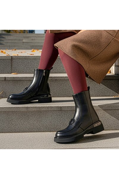 Modlet.ro Women's black leather platform ankle boots MOD14037