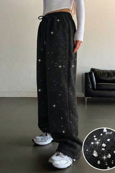 İlayda Toprak Glow Siyah Cyrstal Detail Simli Bol Kalıp Cool Eşofman Altı