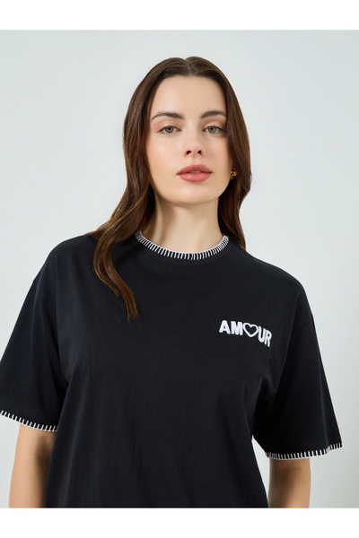Styli Women Black Oversized Embroidered T-Shirt