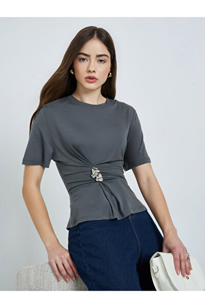 Styli Grey Knit Top with Metallic Detail