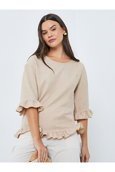 Take Two By Styli Beige Ruffle Trim 3/4 Sleeve Top