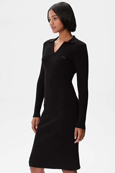 Lacoste Slim Fit V Neck Ribbed Dress Women's Slim Fit V Neck Dress Black