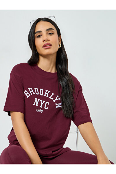 Styli Burgundy Embroidered Oversized Cotton T-Shirt