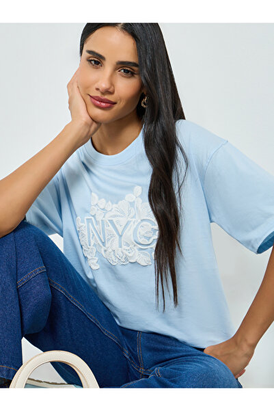 Styli Blue Oversized Rubber Print Cotton T-Shirt