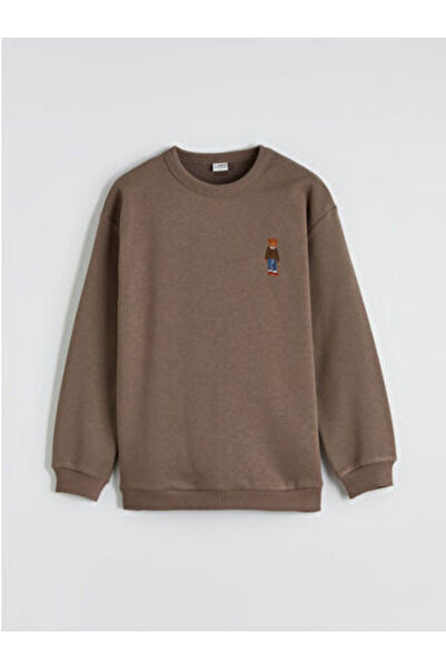 LC Waikiki Brown Crew Neck Embroidered Boys' Thick Sweatshirt