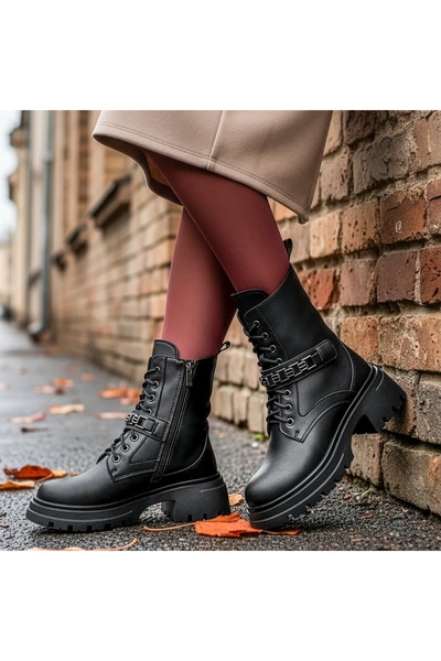 Modlet.ro Women's black leather platform ankle boots with zipper MOD14052