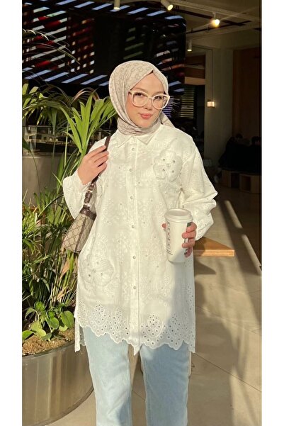 Afra Lıne Henza Pearl Embroidered Scallop Shirt Tunic with Flower Pattern