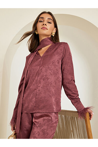 Styli Burgundy Floral Jacquard Blouse with Scarf Detail