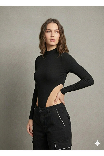 MELA ROSSA Women's Black High Neck Long Sleeve Side Cutout Camisole Fabric Bady