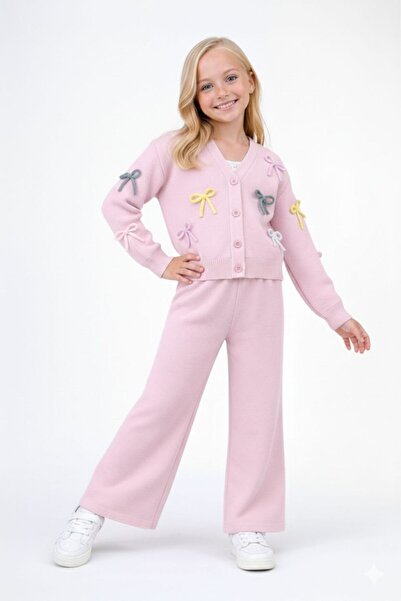 hashtag Set de tricotaje pentru fete, cardigan brodat cu panglică, pantaloni,...