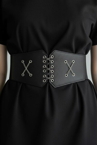 Kemerix Women's Black Corset Belt with Chain Dress Belt Jacket Belt Shirt Belt