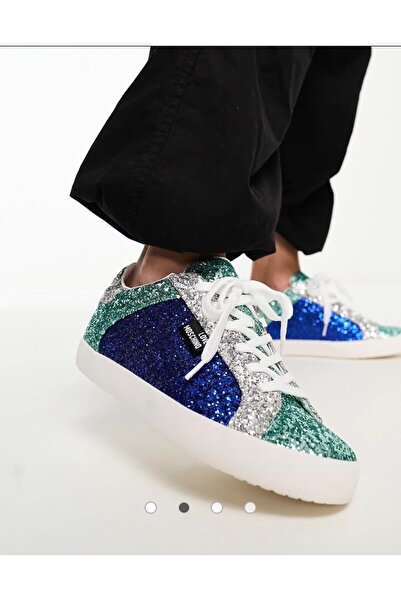 Love Moschino Зелено-синьо-сребърни маратонки с брокат, модел с акцент