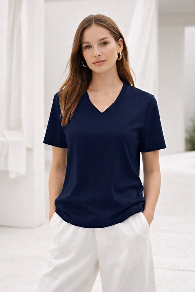 Rich Women's Navy Blue Soft Textured Interlock V-Neck Basic T-Shirt