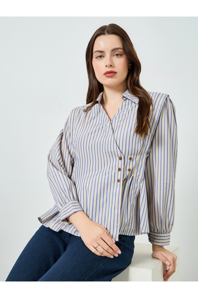 Styli Women Blue Striped Buttoned Wrap Top