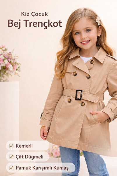 STYLENEST Kız Çocuk Bej Trençkot Kemerli Çift Düğmeli Baharlık Mont