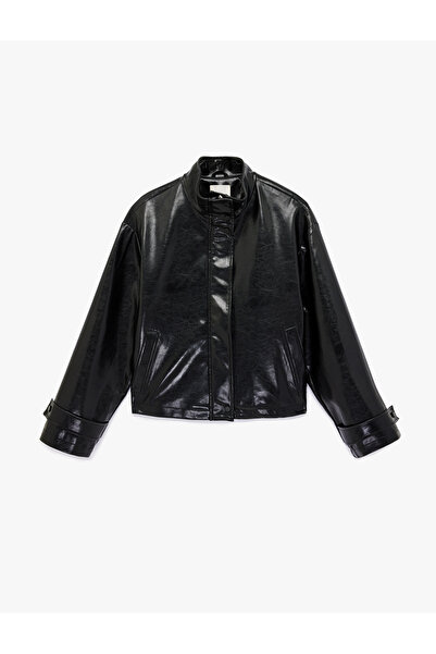 Koton Long Sleeve Zippered Pocketed Stand Collar Faux Leather Crop Jacket