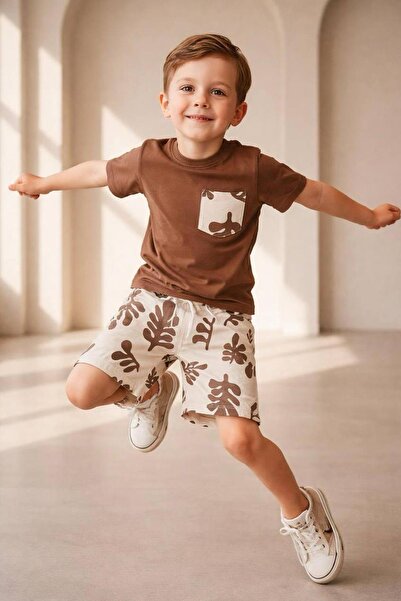 Monila Erkek Çocuk Pamuklu Baskılı Cep Detaylı T-Shirt ve Şort 2'li Takım