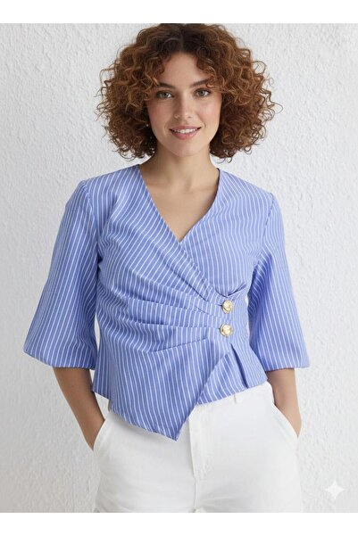 marvion Kadın Mavi Kruvaze Cizgili Bluz