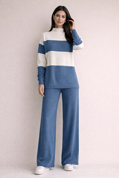 FERHEL Horizontal Wide Striped Knitwear Set - Indigo