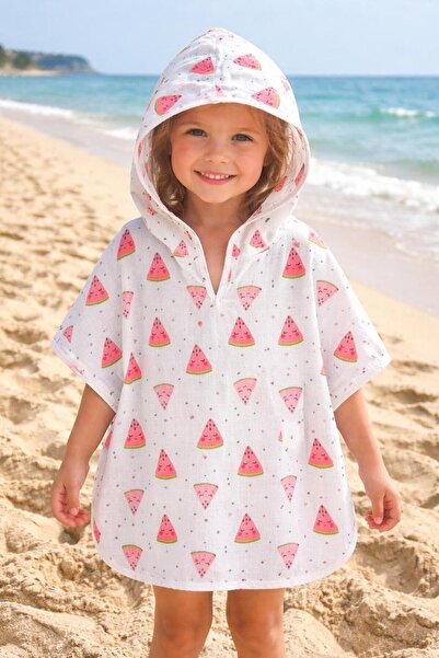 JUNİPERUS Organik %100 Pamuk Müslin Kapşonlu Plaj Çocuk Bebek Panço Bornoz Ba...