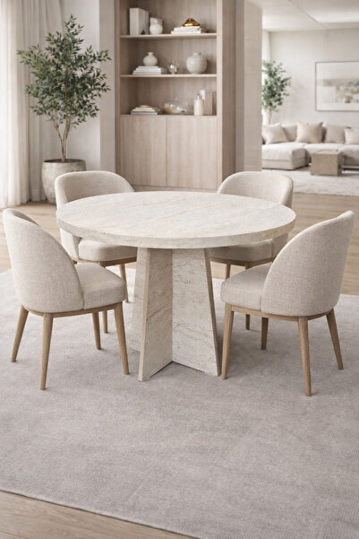 Maholandin Traverten 4 kişilik 90x90 kalınlaştırmalı Lüx Yuvarlak masa