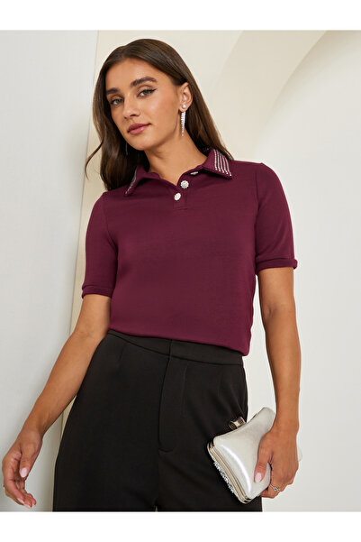Styli Burgundy Embellished Collar Polo T-Shirt