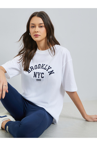 Styli White Embroidered Oversized Cotton T-Shirt
