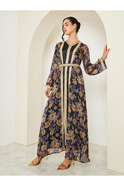 Amirah By Styli Women Black Printed Embroidered Golden Lace Kaftan