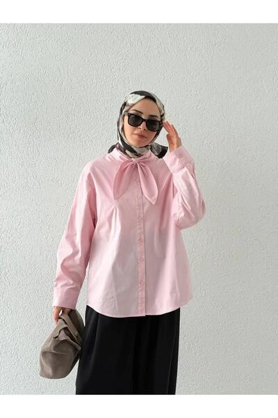 Moda Palmiss Women's Pink Scarf Detailed Long Sleeve Oversize Poplin Shirt - ...