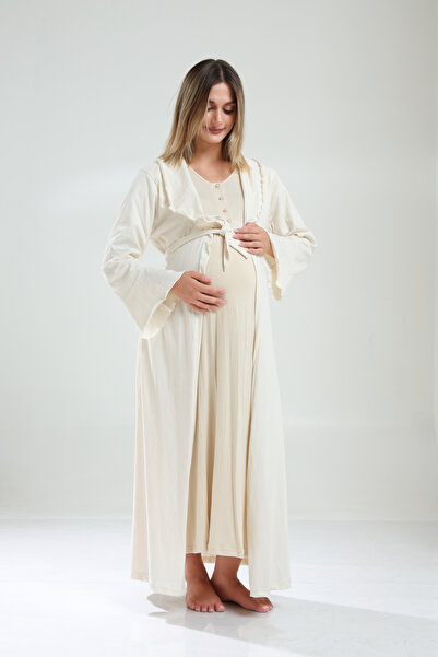 Rimel Homewear Krem Dantel İşlemeli Hamile & Lohusa Sabahlık Gecelik Takımı -...