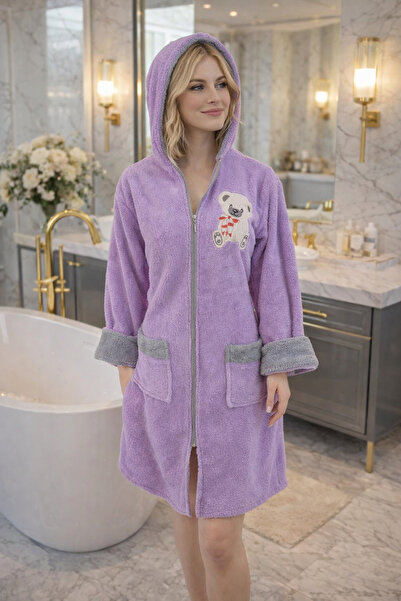 LaraLisa Hooded, Zippered, Pocketed, Fixed Belt Detailed Cotton Bathrobe