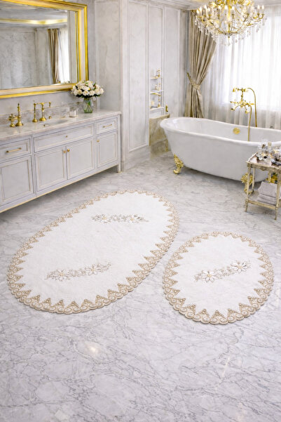 Dokumacıoğlu Marvelle Krem-Bej Fransız Dantelli 2’li Banyo Paspas Seti 70x120...