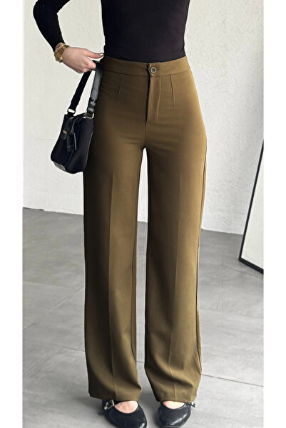 asfamoda Pantaloni de damă maro cu talie înaltă, din țesătură, cu picior larg...