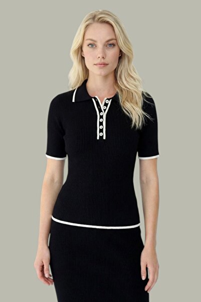 LE CARAMBOLE Women's Black Ribbed Button Detailed Short Sleeve Knitwear Blouse