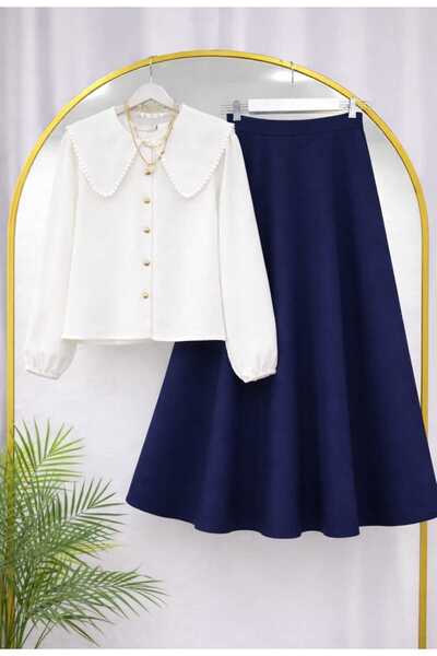 MODA VEDAT Women's Collar Scallop Detailed Shirt - Puff Scuba Skirt Set -0490