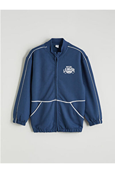 LC Waikiki Indigo d Mock Neck b Printed boy's zippered sweatshirt