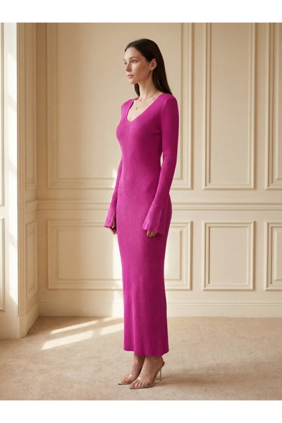 Fashionbox Women's V-Neck Knitwear Dress with Ankle Slit Detail 26926