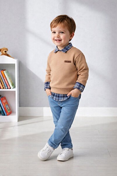 YİGİT BUTİK Erkek Çocuk Yeni Sezon Pamuklu Gömlekli Sweatshirt Jean Kombin Takım